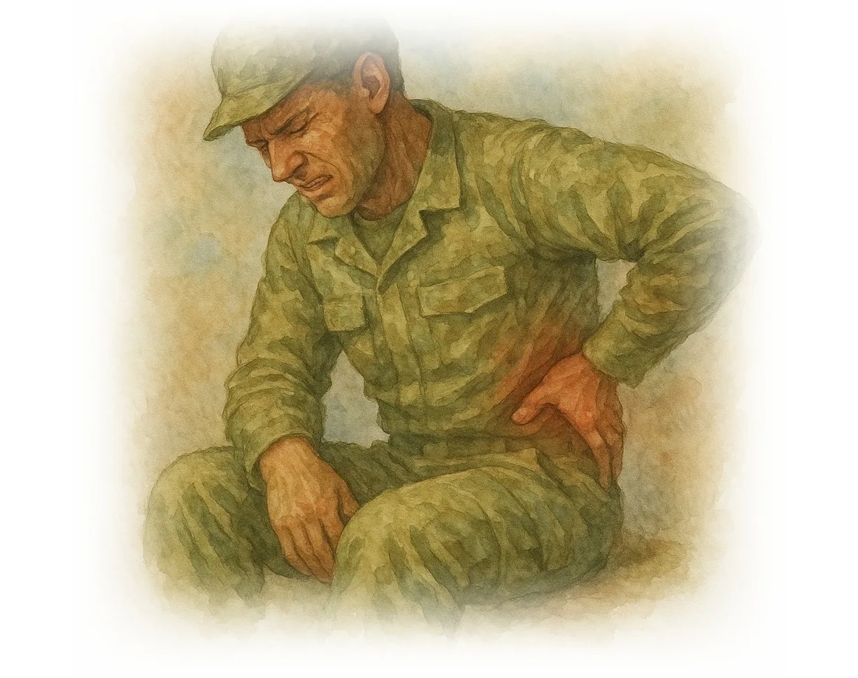 Veteran carrying chronic pain — watercolour