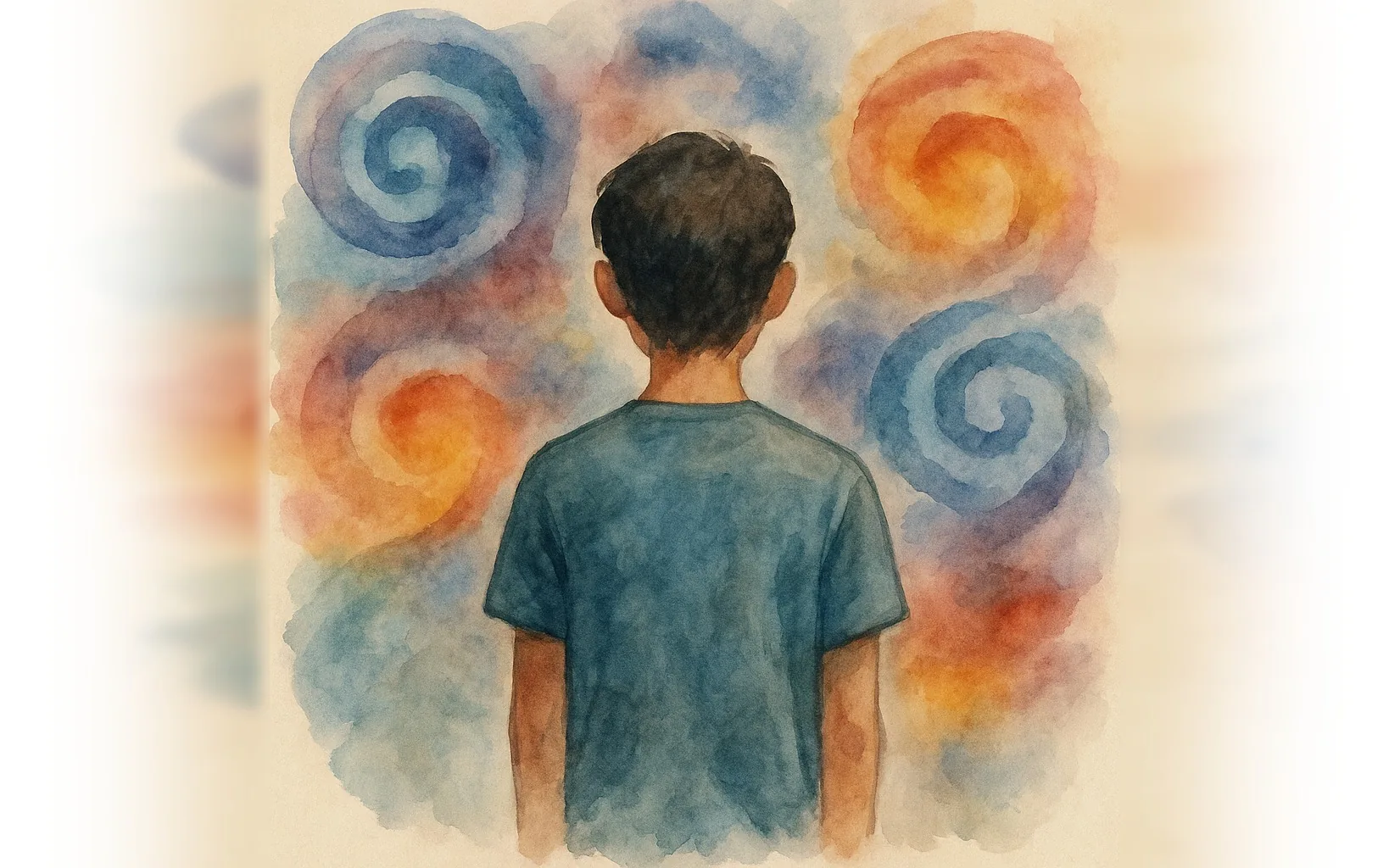 Watercolour of a child surrounded by swirling colours, conveying the sensory overwhelm and substantial support needs of Level 3 autism.