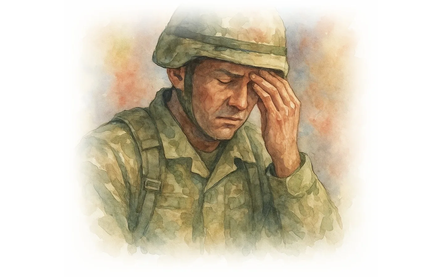 Veteran with head injury and concussion aftermath — watercolour
